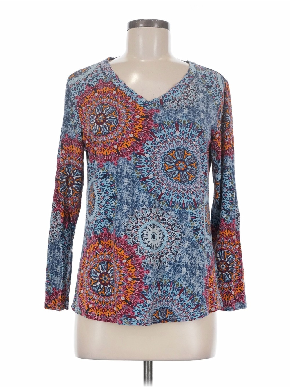 Longyuan Blue Orange Blk Mandala Cotton Rayon Spandex Top Long Slv V Neck Med